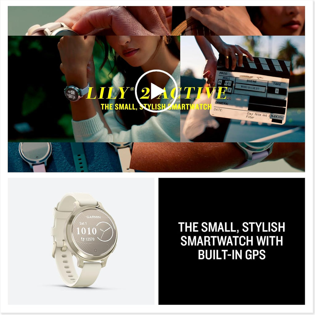 Garmin Lily® 2 Active, Small and Stylish Smartwatch, Built-in GPS, Hidden Display, Patterned Lens, Up to 9 Days Battery Life, Lunar Gold with Bone Silicone Band