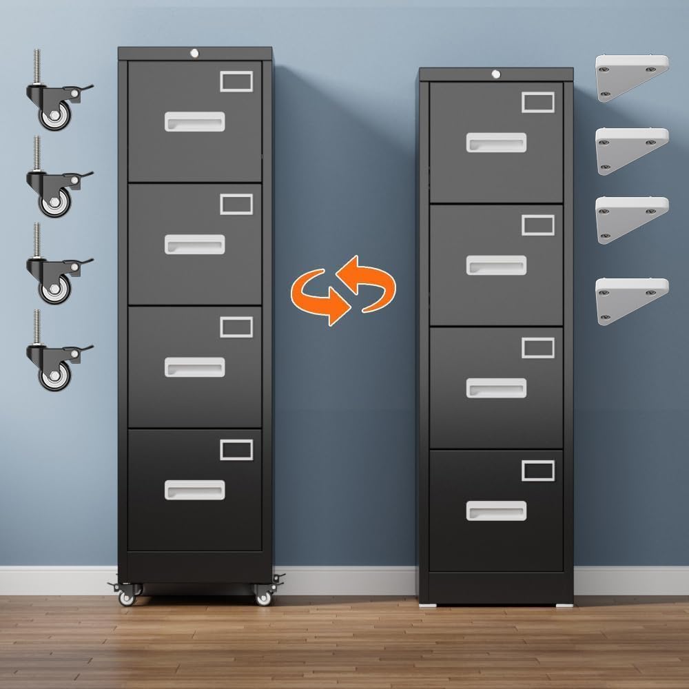 Aobabo 4 Drawer File Cabinet with Lock and Wheels, Metal Vertical Filing Cabinet with Anti-Tilt Interlock System for Home Office, Fits Letter/Legal Size, Black,Required Assembly