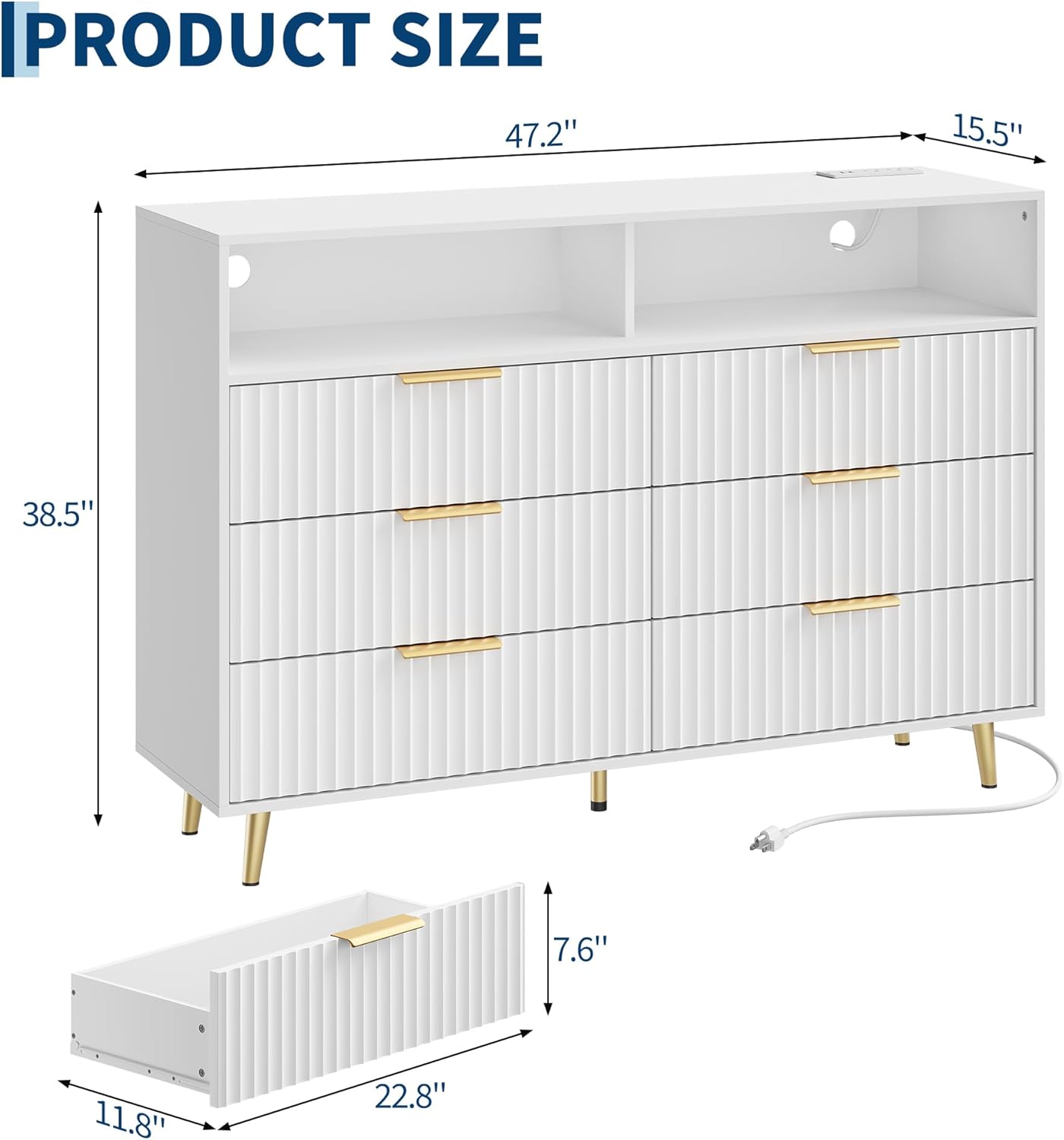 IDEALHOUSE 6 Drawer Fluted Dresser for Bedroom, 47.2" Wide Modern Chest of Drawers with Metal Handles, Wooden TV Stand, Storage Organizer for Closet, Living Room, Hallway, White
