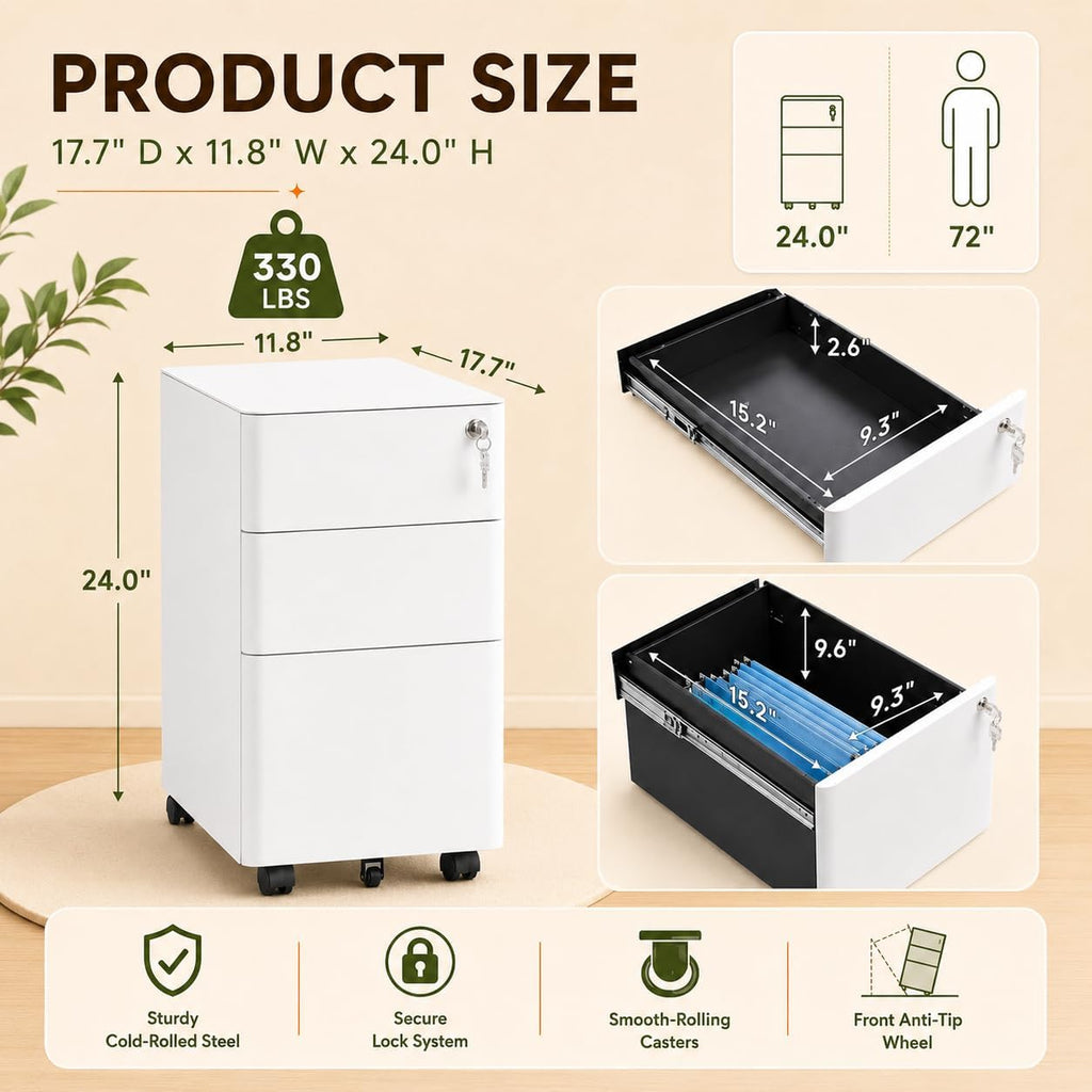 3 Drawer File Cabinet with Lock, Fully Assembled Rolling Printer Stand Under Desk, White Filing Cabinet for Legal/Letter Size, Home Office, 17.7" D x 11.8" W x 24.0" H