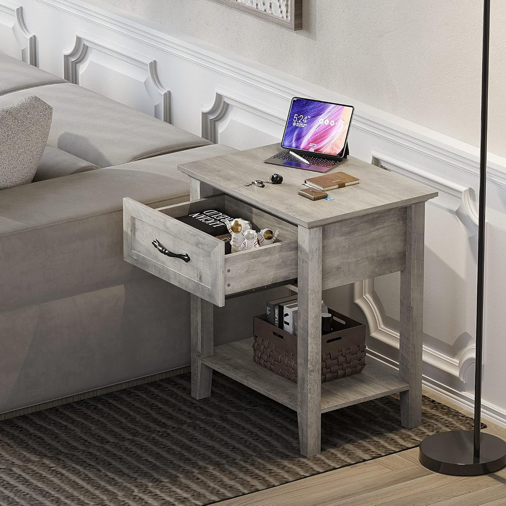 IDEALHOUSE Grey Nightstands Set of 2, End Table with Drawer, Side Table for Spaces, 2 Tiers Storage Shelves with Dresser, Bedside Table for Living Room, Bedroom, Dorm (2pcs-Grey)