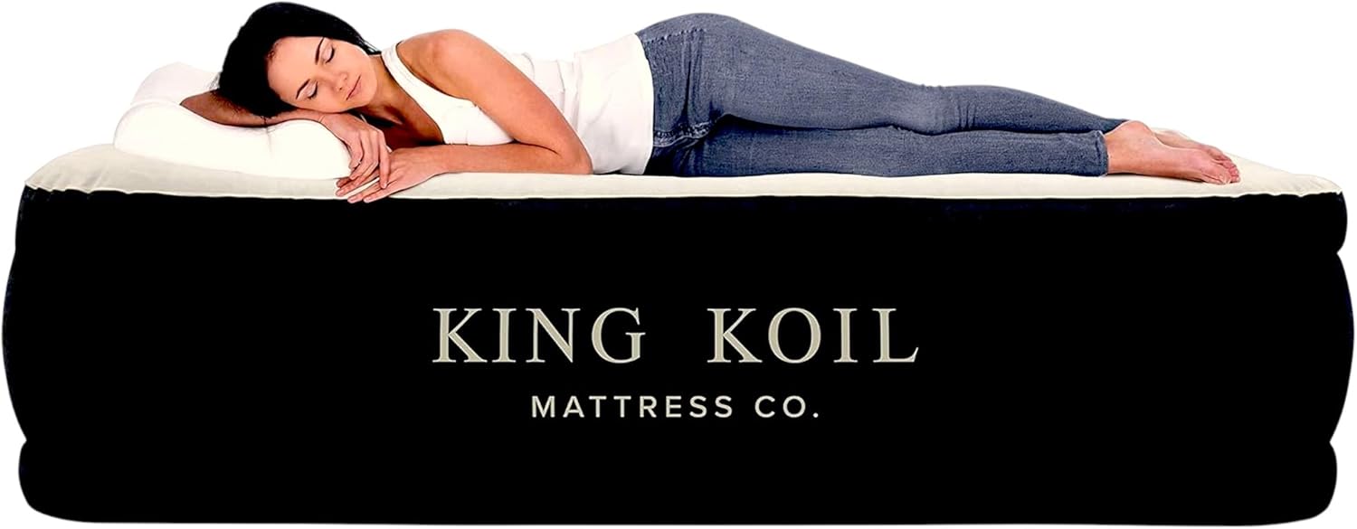 King Koil Luxury Full Size Plush Pillow Top Air Mattress with Built-in High-Speed Pump for Home, Camping & Guests 20" Inflatable Double High Blow Up Airbed, Durable, Waterproof