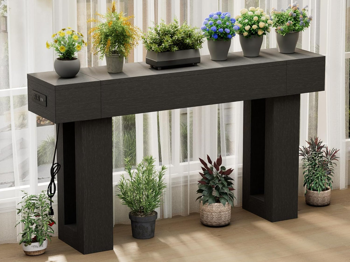 63 Inch Long Console Table w/Outlets & USB Ports, Narrow Rectangular Sofa Table Behind The Couch, Farmhouse Entryway Table for Entrance, Hallway, Living Room(Black with Outlet)