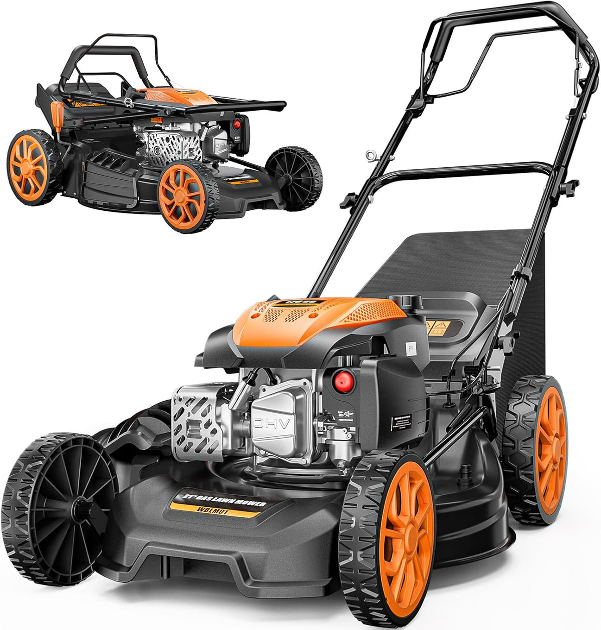 21” Self-Propelled Lawn Mower Gas, 170CC 4-in-1 Mulch/Rear Bag/Side Discharge/Rear Discharge, Walk-Behind Gas Lawnmower with 7-Position Cutting Height, Foldable Gas Powered Lawn Mowers for Yard Garden