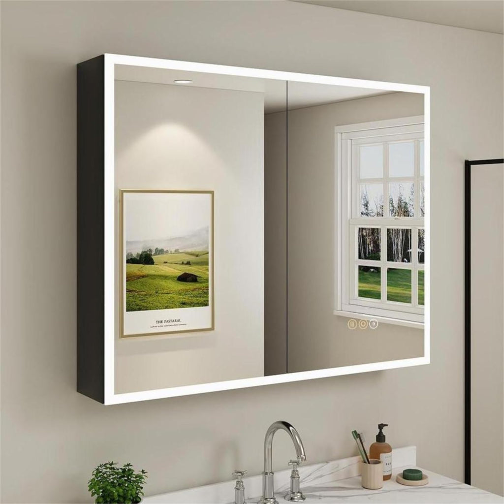 Buruis 36 x 32 Inch Medicine Cabinet with LED Lights and Mirror, Recessed/Wall Mounted Bathroom Cabinet, 3-Color Light, Defogger, Memory Function, Outlet & USB, Dimmer, Black
