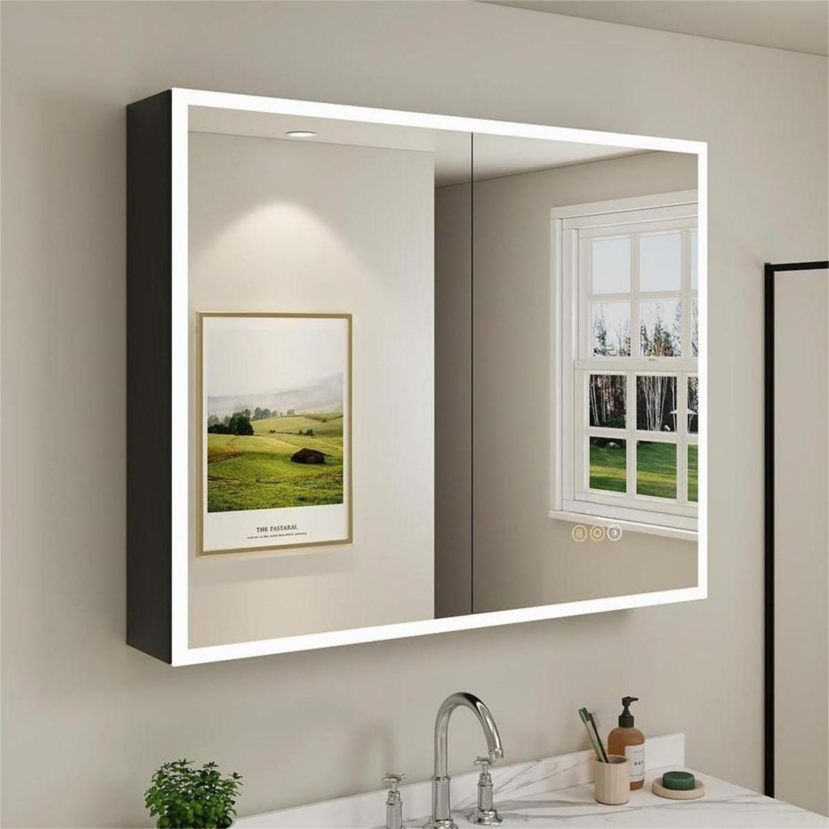 Buruis 36 x 32 Inch Medicine Cabinet with LED Lights and Mirror, Recessed/Wall Mounted Bathroom Cabinet, 3-Color Light, Defogger, Memory Function, Outlet & USB, Dimmer, Black