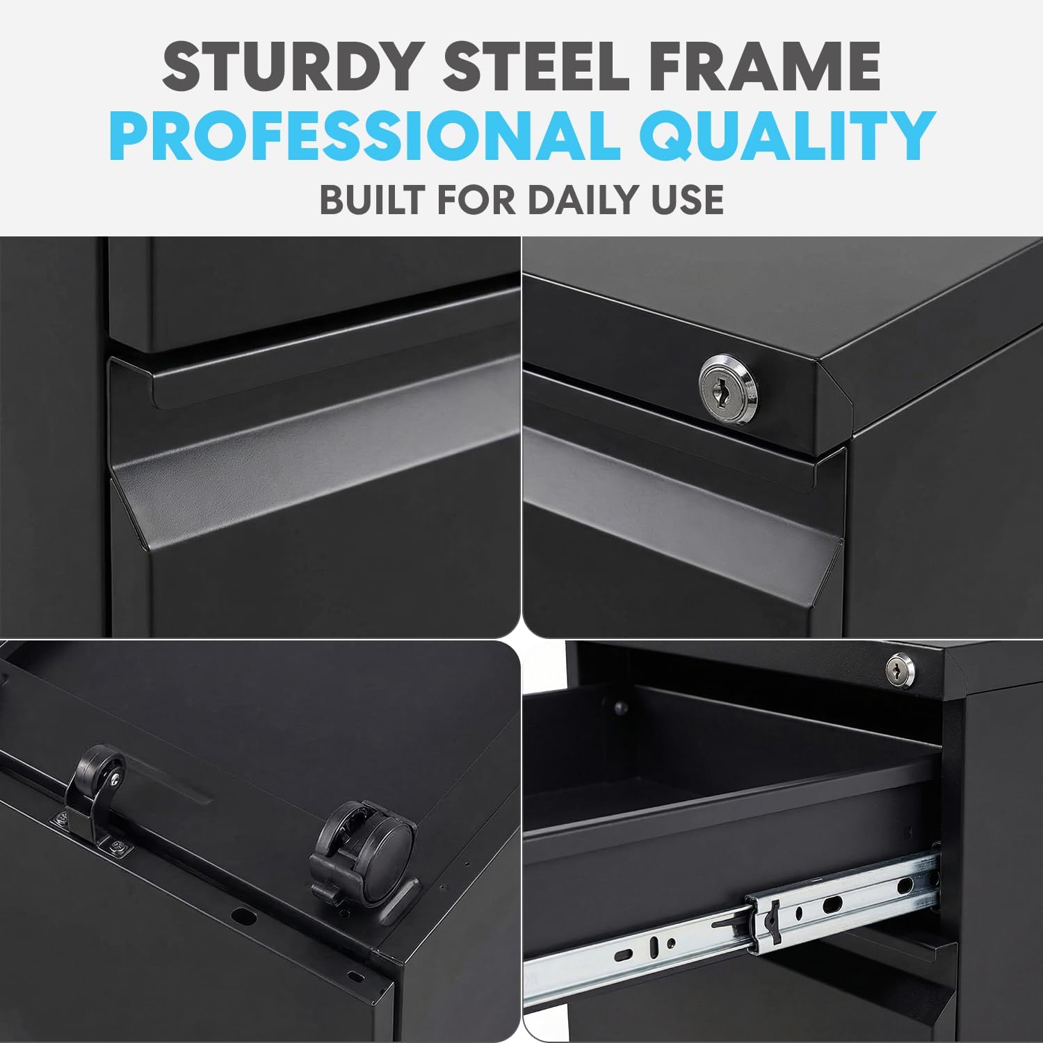 SIMPLI-Magic 3-Drawer Mobile File Cabinet with Lock - Under Desk Rolling Metal Filing Cabinet, Letter/Legal/A4, Fully Assembled, Home Office Organizer, Black