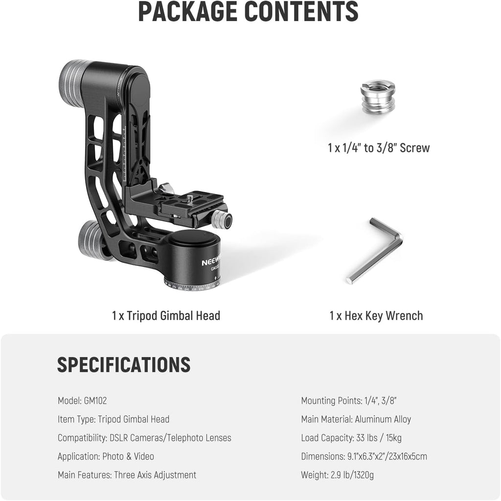 NEEWER GM102 Gimbal Head for Tripod Monopod Telephoto Lenses, 360° Panoramic Camera Tripod Head, 3 Axis Adjustment, Heavy Duty CNC Aluminum Alloy, Arca Type Quick Release System, Max Load 33lb/15kg