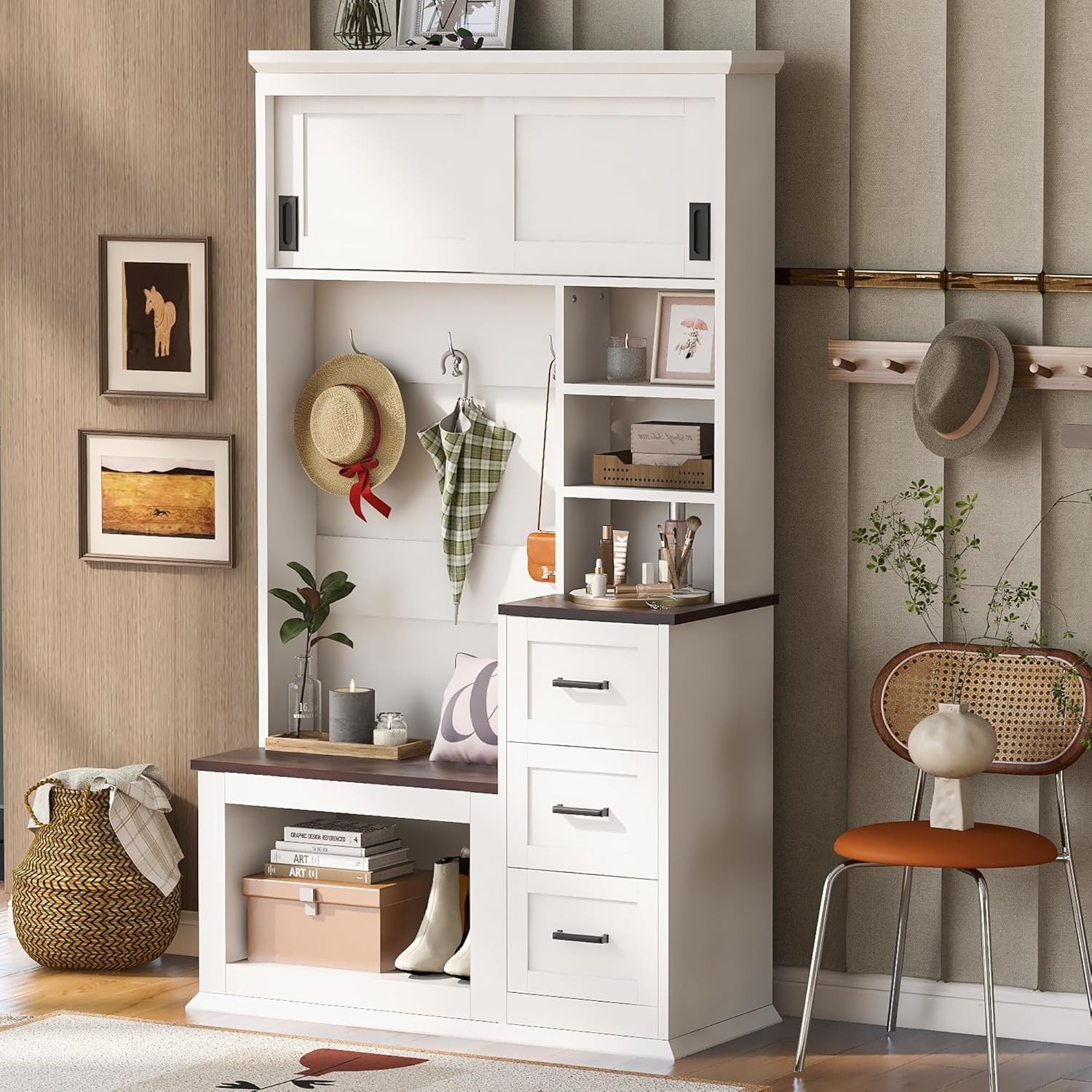 40.2" W Hall Tree with Bench and Shoe Storage, Modern Entryway Bench with 3 Hooks, 3 Shelves and Drawers for Living Room, Hallway, Entryway, White