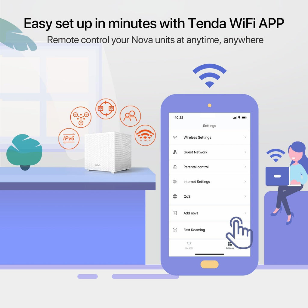 Tenda Nova Mesh WiFi System MW12 - Covers up to 6000 sq.ft - Tri-Band AC2100 Whole Home WiFi Mesh System - Gigabit Mesh Router for 100+ Devices - Dual-Band Mesh Network - 3 Gigabit Ports - 3-Pack
