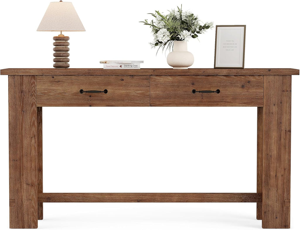 LITTLE TREE 63-Inch Solid Wood Console Table, Farmhouse Entryway Table with 2 Drawers, Narrow Sofa Table for Entryway, Hallway, Living Room, Foyer, Behind Couch