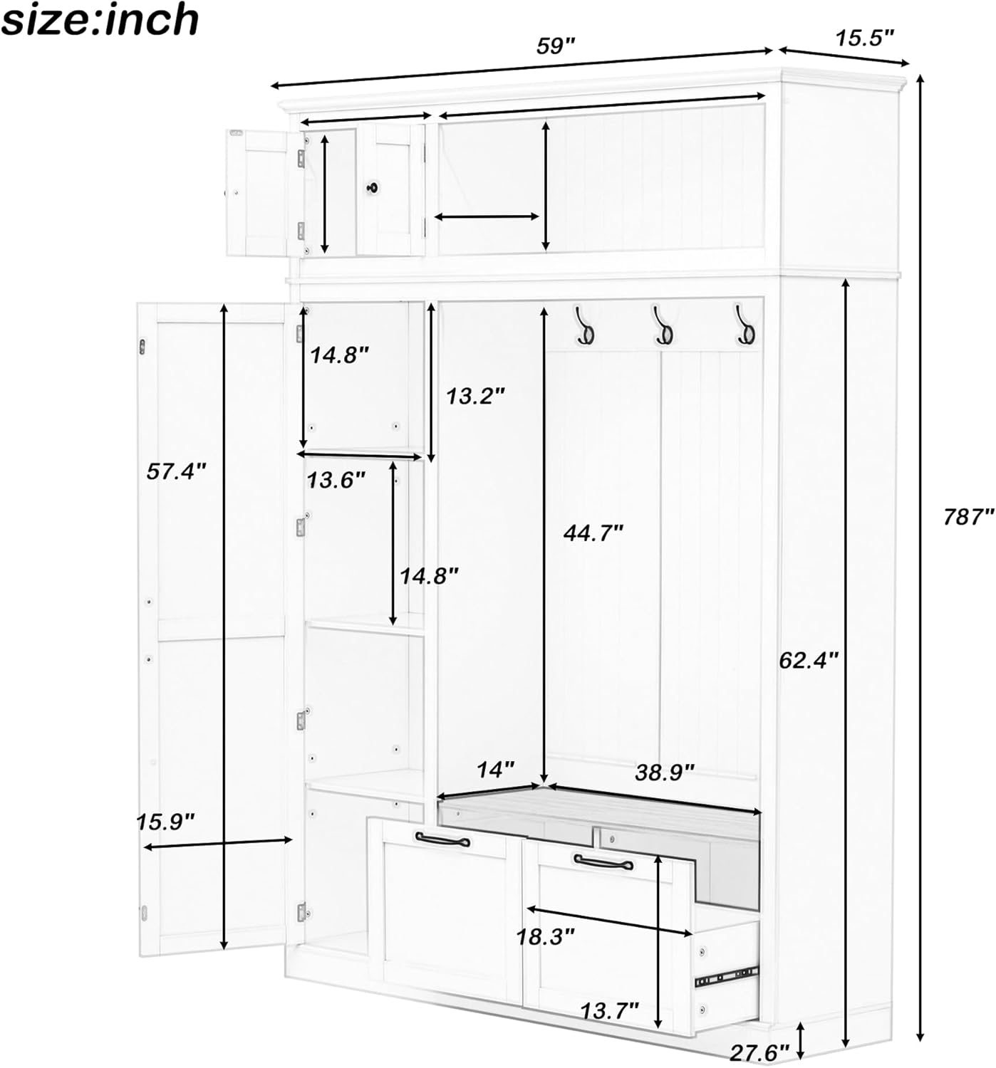 Merax 3-in-1 Hall Tree with Overhead Storage Cabinet, Adjustable Side Shelves,4 Hooks,2 Spacious Drawers,Grooved Back Panel Design, Contrasting Seat Bench,Multifunctional Entryway Organizer, White