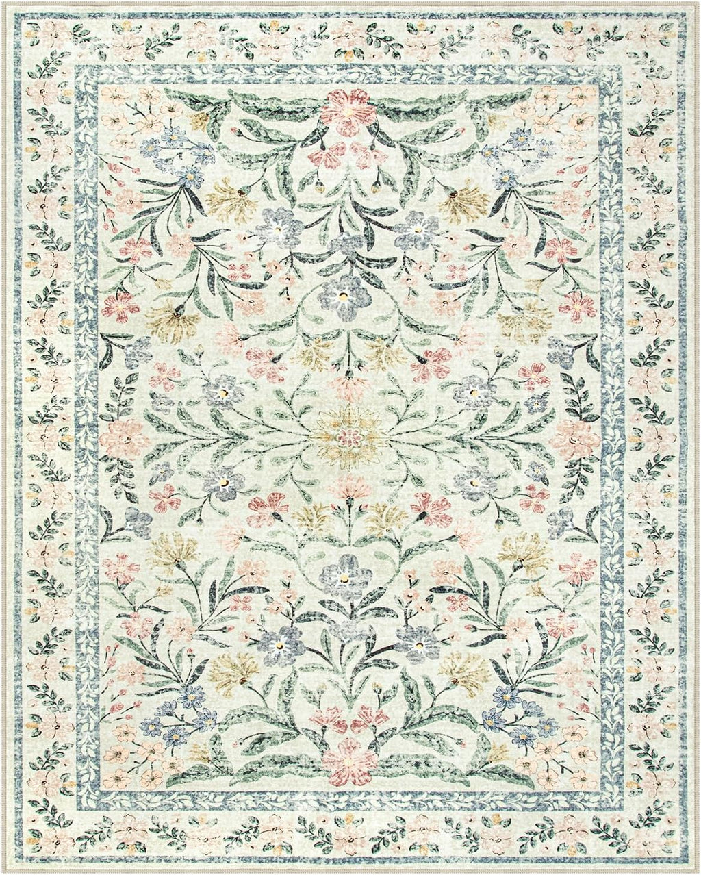 Lahome Sylvie Boho Rugs for Living Room, Washable Large 8 x 10 Area Rugs for Bedroom Non Slip, Soft Ultra-Thin Distressed Floral Throw Carpet for Office Dining Room, Cream/Multi