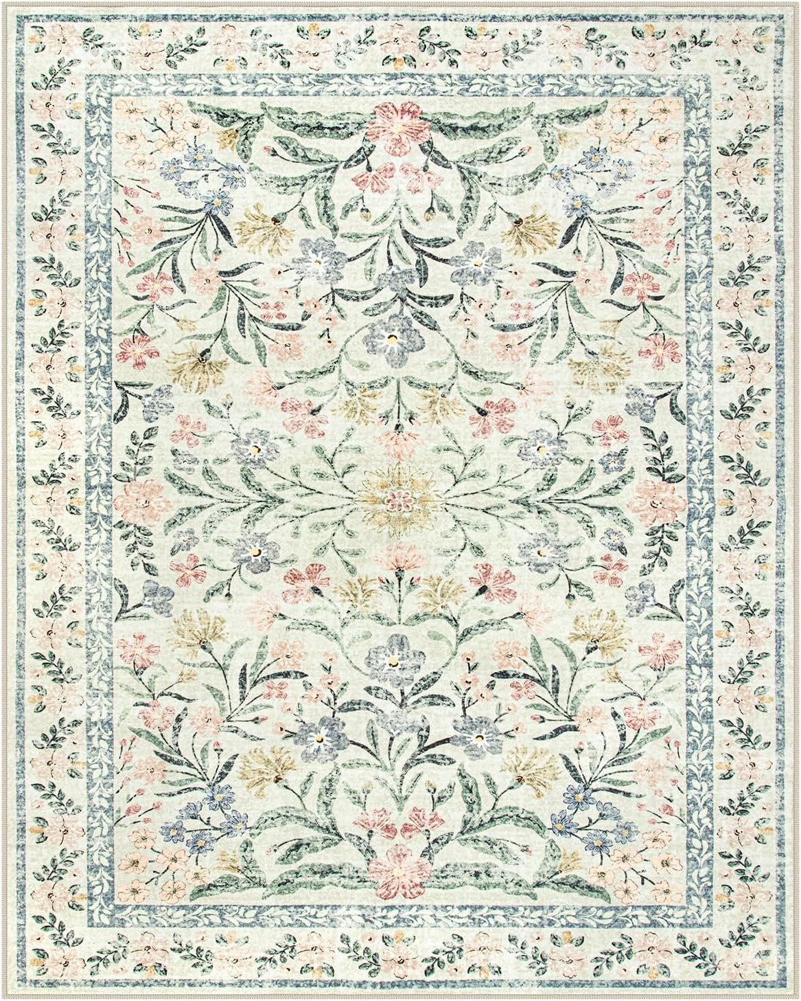 Lahome Sylvie Boho Rugs for Living Room, Washable Large 8 x 10 Area Rugs for Bedroom Non Slip, Soft Ultra-Thin Distressed Floral Throw Carpet for Office Dining Room, Cream/Multi