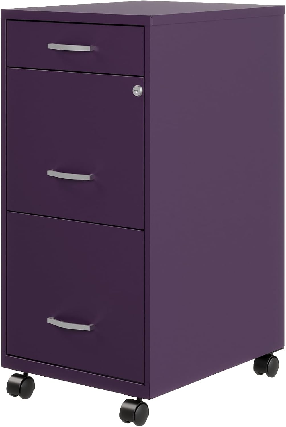 Hirsh Space Solutions 18" Deep Modern Mobile Metal Organizer File Cabinet with Cam Lock & Casters, 3-Drawer, Letter-Size, for Small Home/Home Office in Midnight Purple