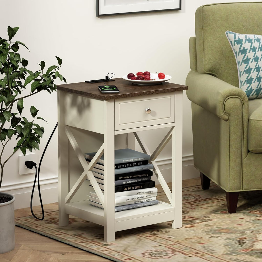 Treocho Farmhouse End Table Set of 2,Nightstand with Charging Station, X-Design Side Table with 2 AC and USB Power Outlets, Small Night Stand with Storage Drawer and Open Shelf for Living Room
