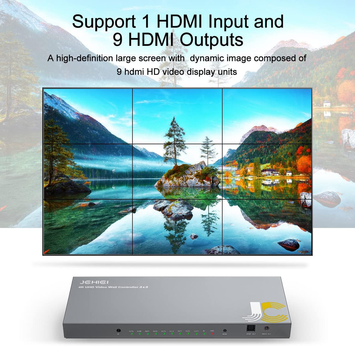 Video Wall Controller 3x3,JCHICI TV Wall Processor,4K x 2K HD Display,180 Degree Rotate,10 Splicing Modes,Input 4K and Output 1080P, Streaming Media Video Device