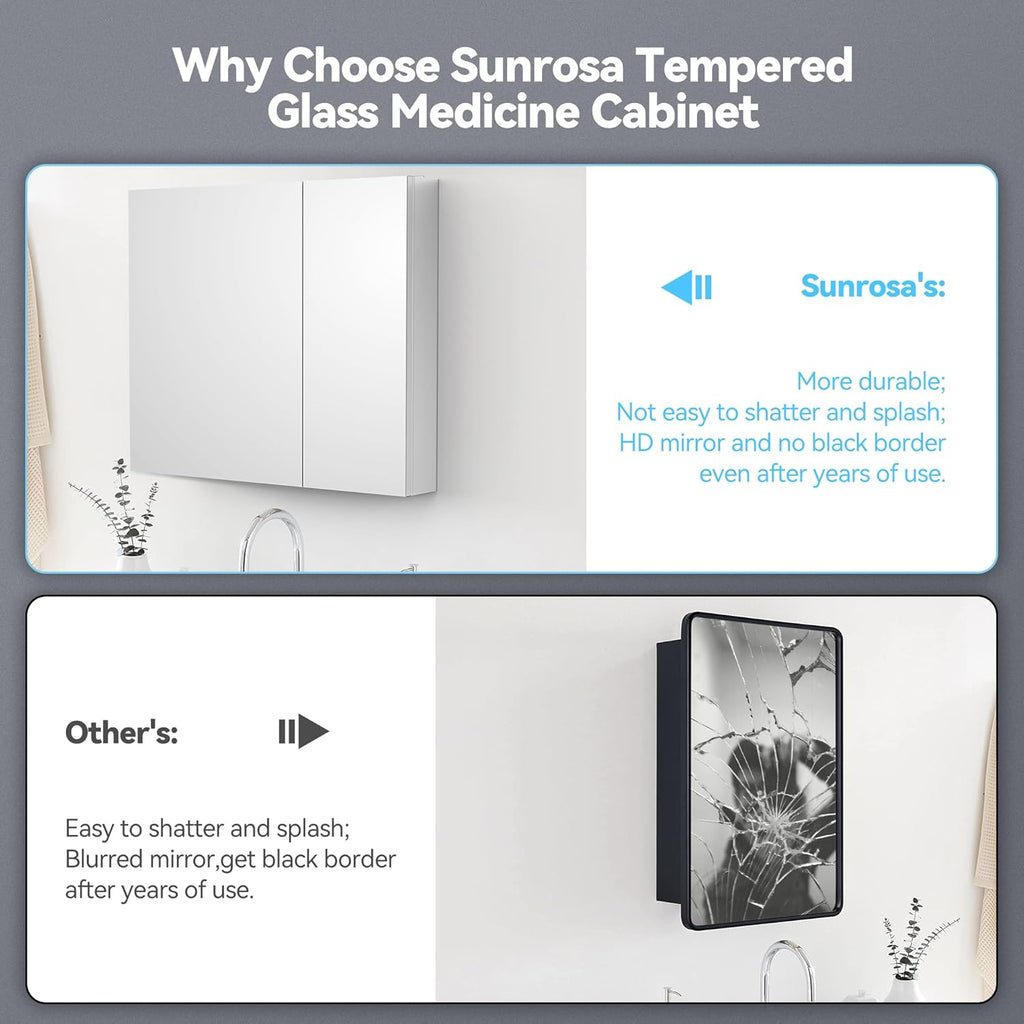 Sunrosa Medicine Cabinet with Mirror, 36" W x 31.5" H, 2 Asymmetrical Doors, Wall-Mounted & Recessed Bathroom Medicine Cabinet with Tempered Glass Mirror