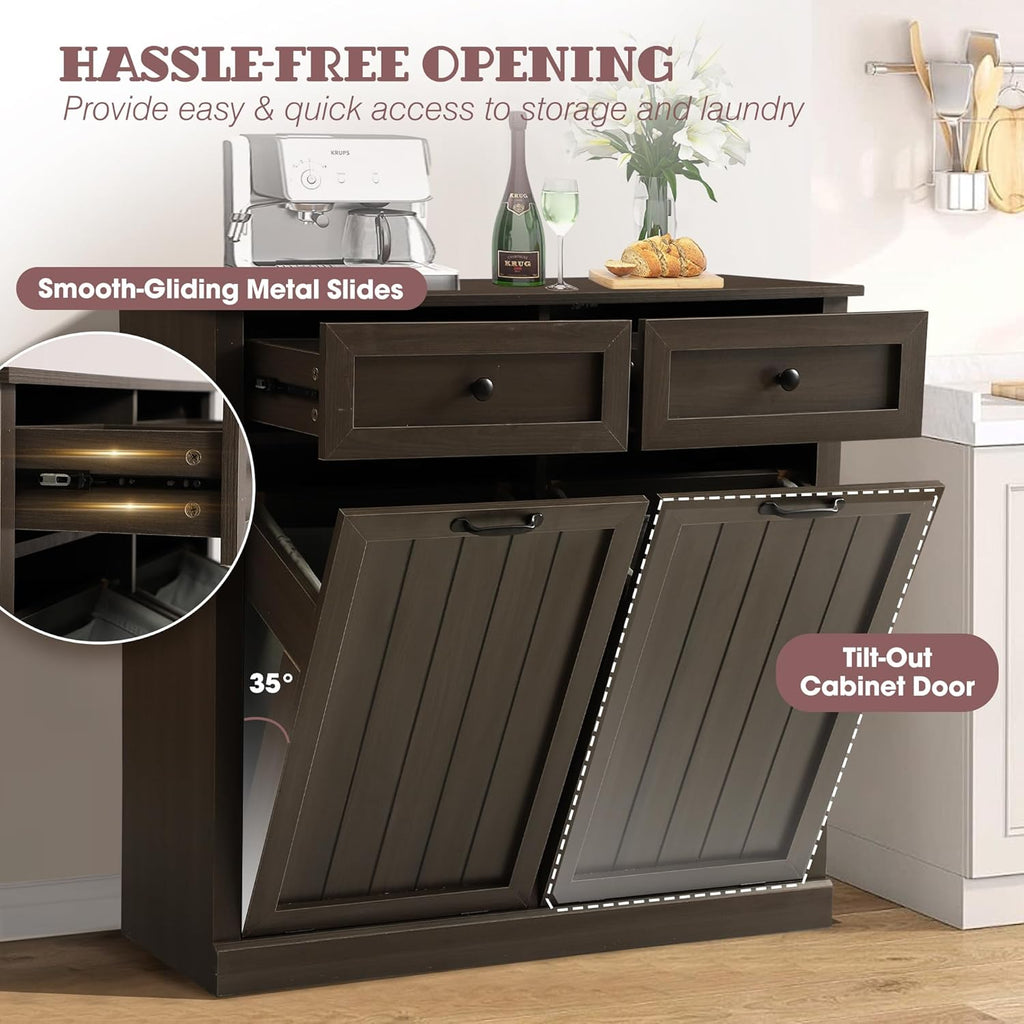 Double Tilt Out Laundry Hamper Cabinet, Modern Farmhouse Trash Can Cabinet w/2 Drawers, Wooden 22 Gallon Hidden Garbage Cabinets with 2 Laundry Storage Baskets for Kitchen and Bathroom (Grey)