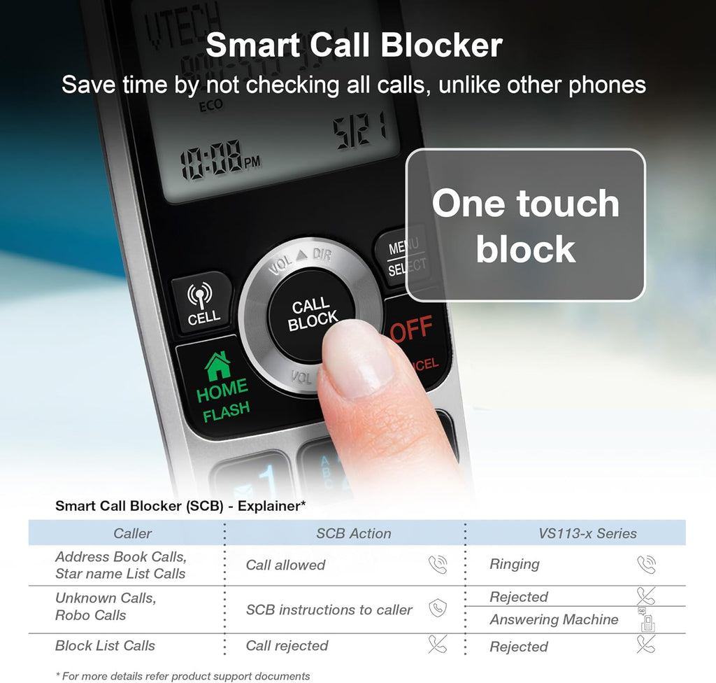 VTech VS113-5 Extended Range 5 Handset Cordless Phone for Home with Call Blocking, Connect to Cell Bluetooth, 2" Backlit Screen, Big Buttons, and Answering System, Silver & Black