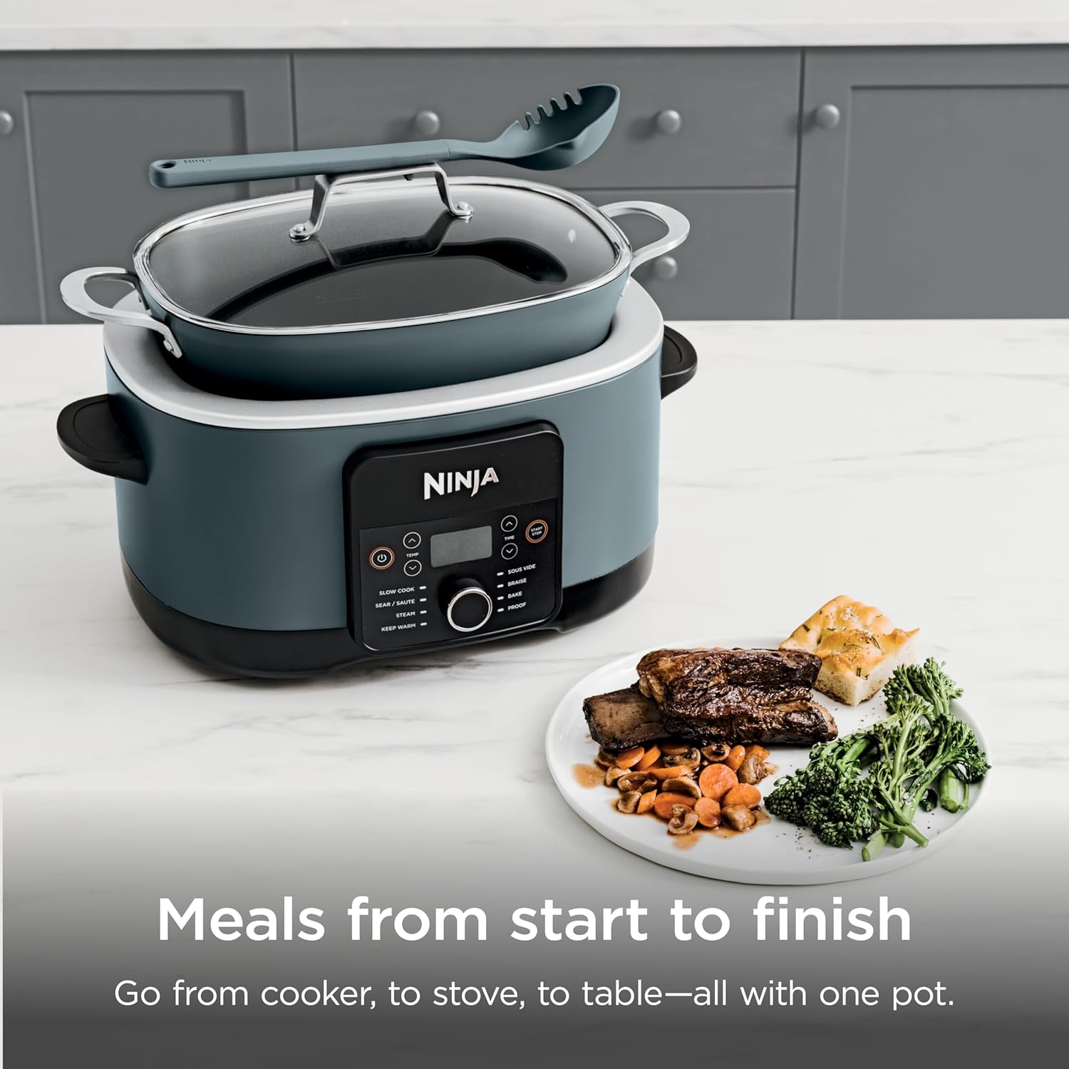 Ninja® 14-in-1 PossibleCooker™ PRO | 8.5qt, Sous Vide, Proof, Bake, & Steam Multicooker | Slow Cooker, Dutch Oven | Glass Lid & Integrated Spoon | Nonstick, Oven Safe Pot 500°F | Sea Salt Gray |MC1001