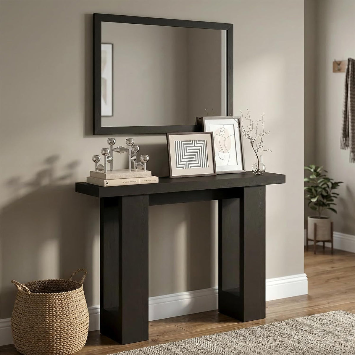 Furinno ARA Entryway Table 47-Inch, Narrow Console Table, Thick Frame Sofa Table with 2 Shelf, Couch Table Behind Sofa, Farmhouse Entryway Table for Entrance, Hallway, Living Room, Black Dark Oak