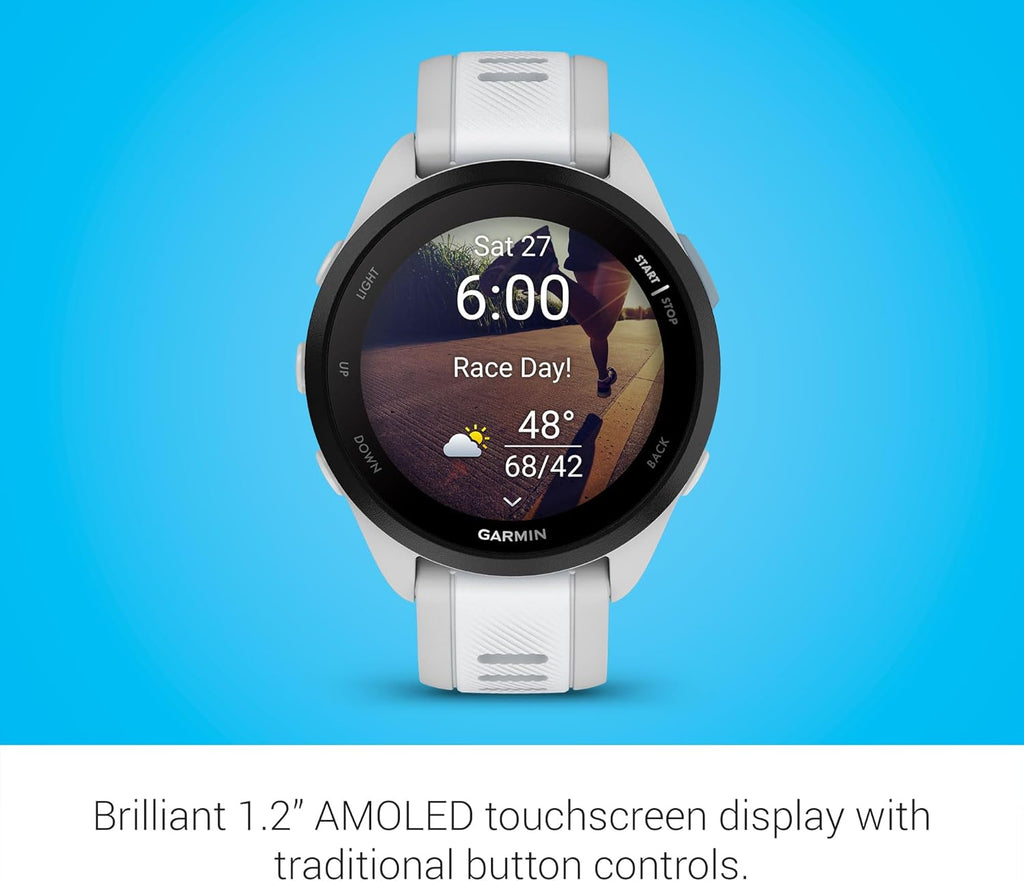 Garmin Forerunner 165, Running Smartwatch, Colorful AMOLED Display, Training Metrics and Recovery Insights, Whitestone