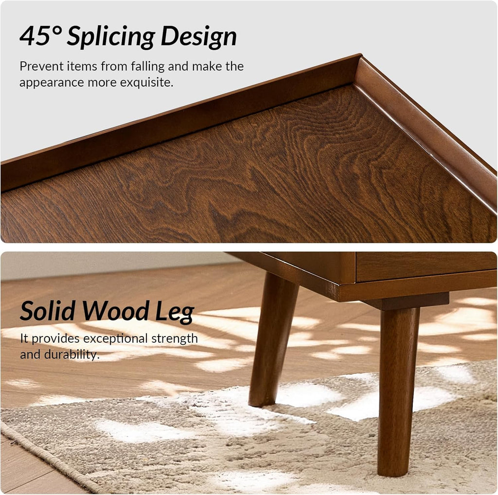 HULALA HOME 2 Drawer End Table with Pull-Out Shelf, Mid-Century Modern End Table with Wood Legs, Wood Side Table with Charging Station(Walnut, Set of 2)