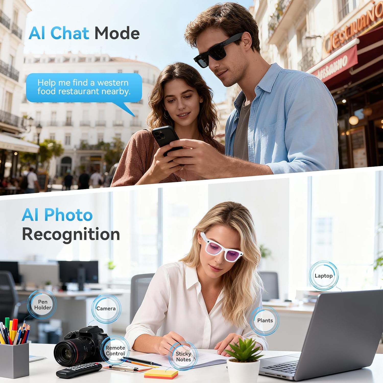 AI Smart Glasses for Men Women,8MP 2K HD Camera Glasses,AI Voice Control,AI Photo Recognition,Real-Time Translation,Smart Sunglasses with Bluetooth Call,IP67 Waterproof for Driving,Outdoor,+2 Lenses.