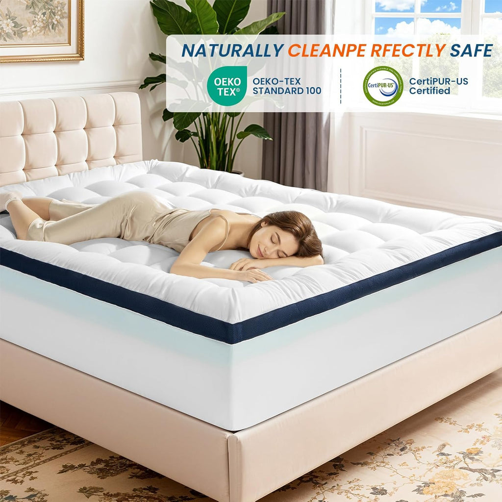 4 Inch Dual Layer Memory Foam Mattress Topper - 2 Inch 1000GSM Fluffy Soft Pillow Top Mattress Pad Cover and 2 Inch Cooling Gel Memory Foam for Back Pain Relief, with 8-21" Deep Pocket (Queen,60"x80")