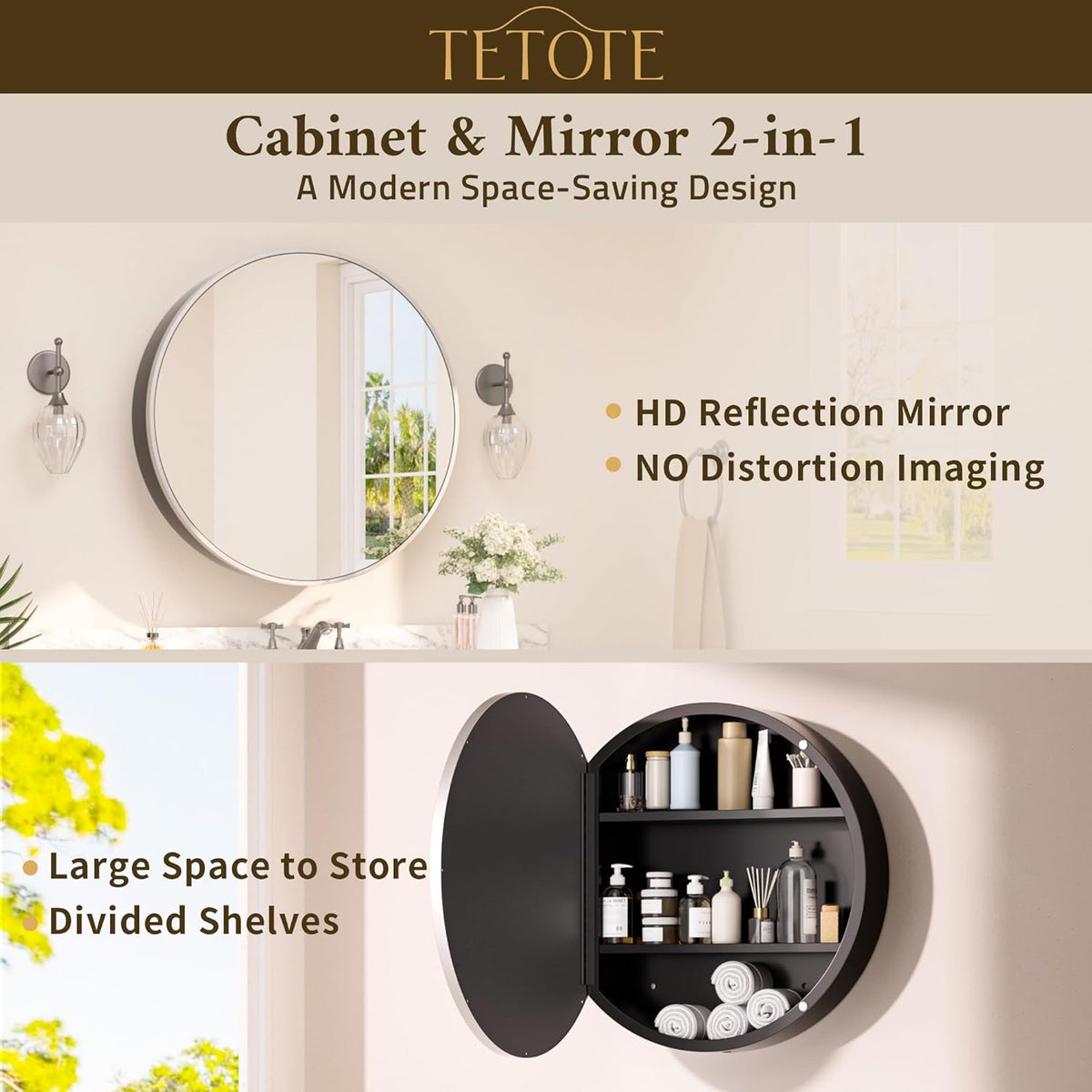 TETOTE Bathroom Mirror Cabinet 28 x 28 Matte Silver Gray Round Bathroom Medicine Cabinet with Mirror Adjustable Shelves Farmhouse Wall Mirror with Storage Surface Mounted