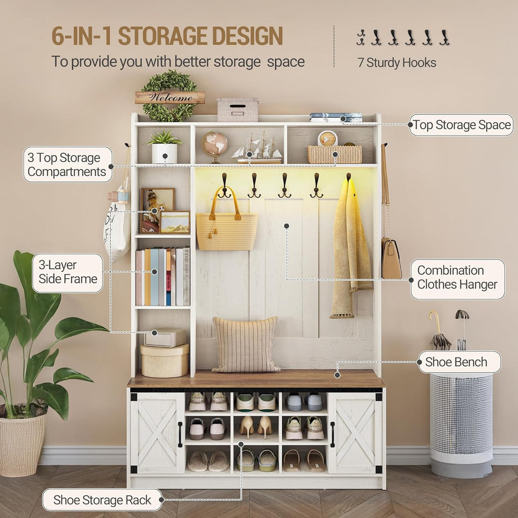 Hzuaneri 47.2" Hall Tree, LED Farmhouse Entryway Storage and Coat Rack Wood, Entryway Furniture with 7 Hooks, Hall Tree with Bench and Storage, 6 Storages Partitions Shoe Bench, Rustic White HT24514X