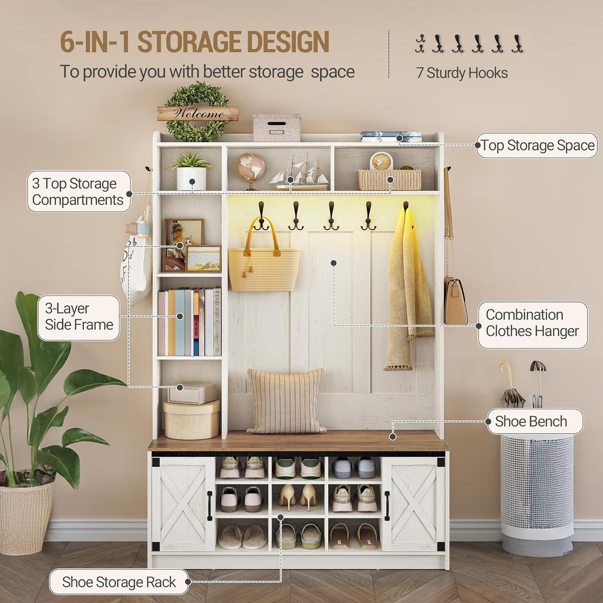 Hzuaneri 47.2" Hall Tree, LED Farmhouse Entryway Storage and Coat Rack Wood, Entryway Furniture with 7 Hooks, Hall Tree with Bench and Storage, 6 Storages Partitions Shoe Bench, Rustic White HT24514X