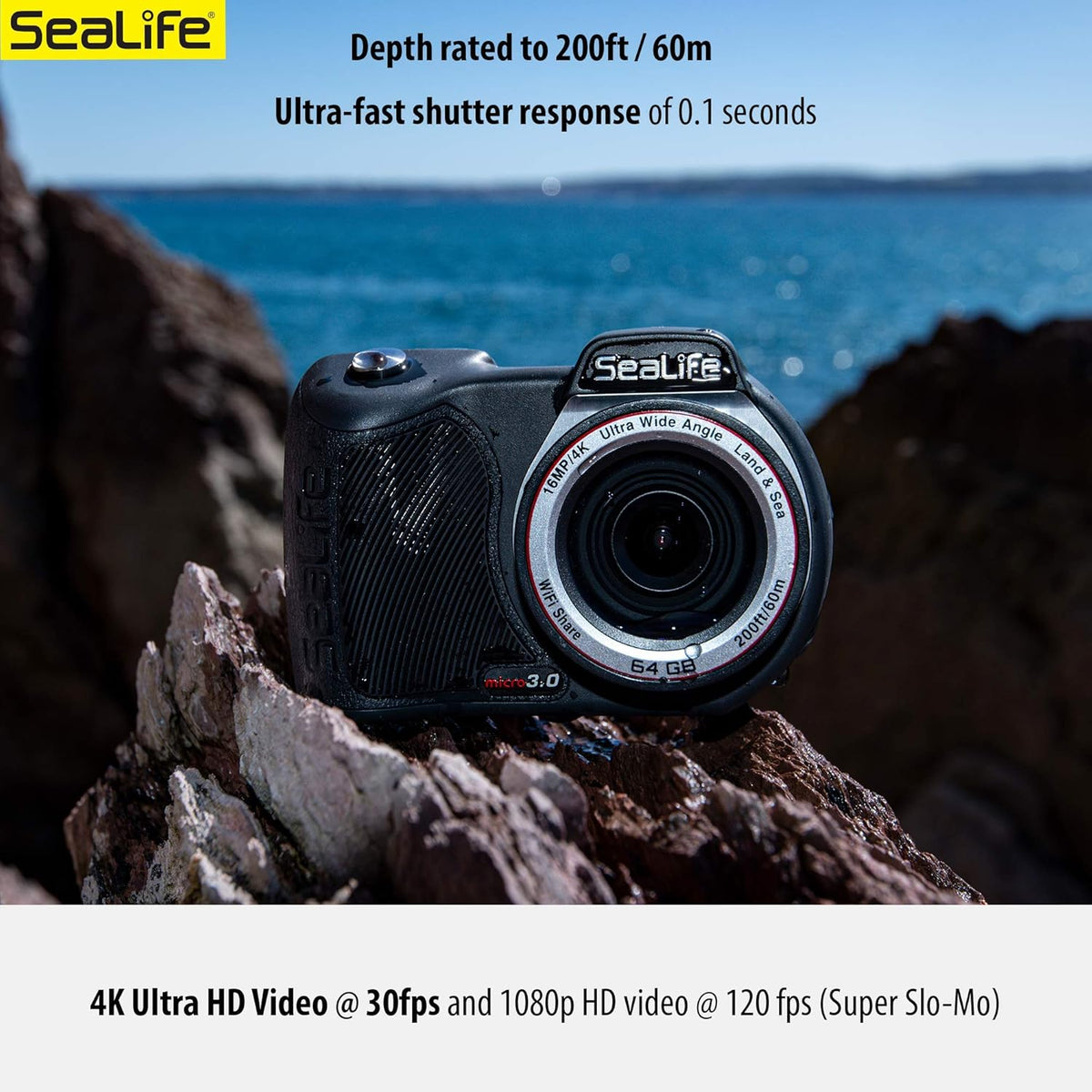 SeaLife Micro 3.0 64GB, 16mp, 4K Underwater Camera for Underwater Photography and Video, Easy Set-up, Wireless Transfer; Includes case, Wrist Strap