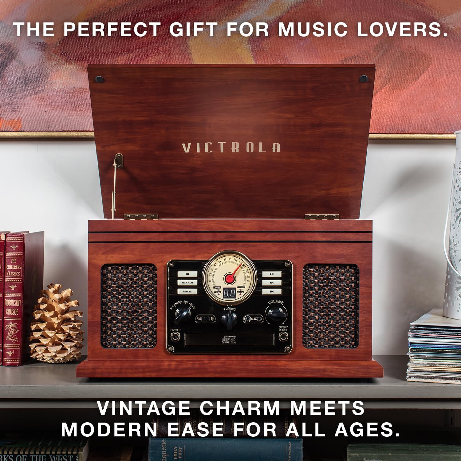 Victrola The Quincy 6-in-1 Bluetooth Record Player & Multimedia Center with Built-in Speakers – 3-Speed Turntable, CD & Cassette Player, FM Radio, Wireless Music Streaming (Espresso)