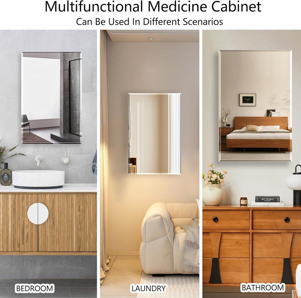Bathroom Medicine Cabinet with 16x26 in Rectangular Beveled Frameless Mirror,Wall Mounted Mirror Cabinet for Bathroom Toilet Kitchen,Recess or Surface Mount,Already Assembly