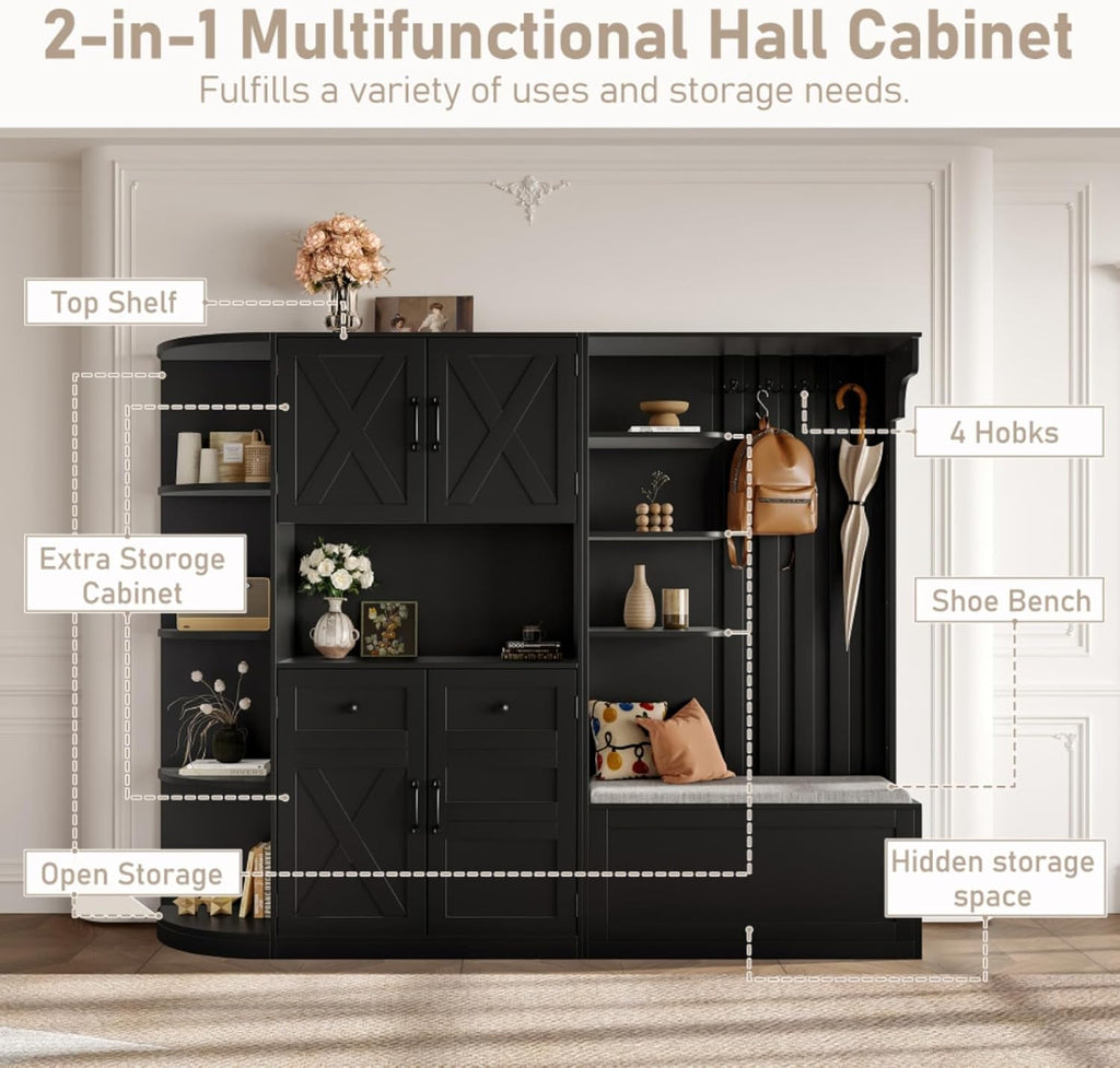 Multifunctional Left-Right Combination Hall Cabinet, Hall Tree with Storage and 4 Hooks, Storage Cabinet for Living Room, Kitchen and Hallway, Black
