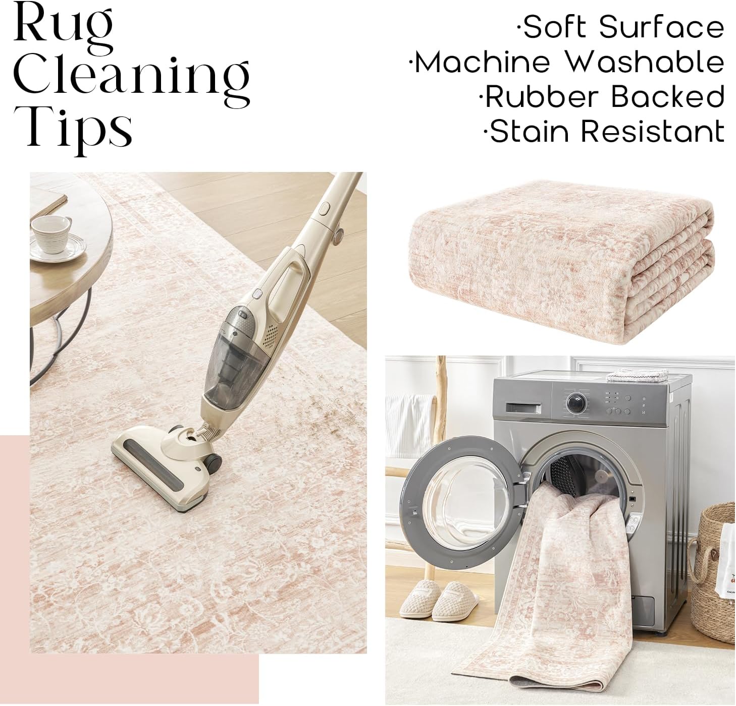 Pink Area Rug for Living Room Low Pile Soft 8 x 10 Carpet with Non Slip Washable Neutral Boho Floral Rugs for Hardwood Floor Protector Extra Large Area Rugs 8x10 for Big Nursery Bedroom Livingroom