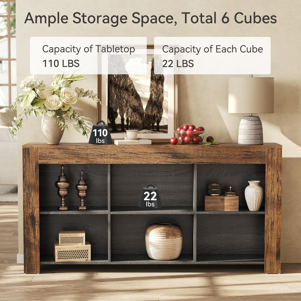 LITTLE TREE Console Table with Storage, 63-Inch Narrow Long Sofa Table, Entryway Table with 6 Cubes, Farmhouse Storage Shelves for Entryway, Living Room