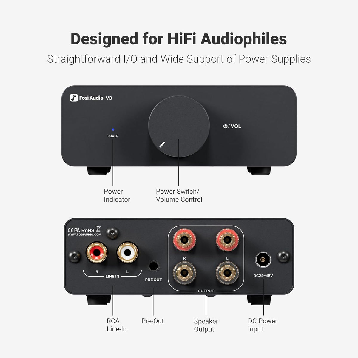 Fosi Audio V3 Stereo Amplifier Home Audio 300 Watts x2 Power TPA3255 Class D Mini Speaker Amp 2 Channel Audio Component for Passive Bookshelf Tower Speakers Desktop Home Theater with 48V Power Supply