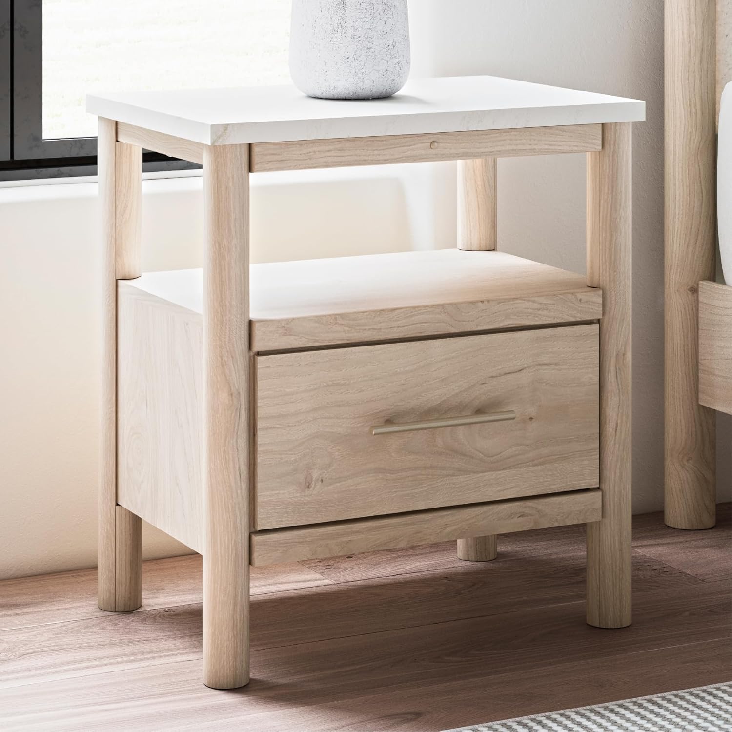 Signature Design by Ashley Cadmori Casual Faux Marble Tabletop 1 Drawer Nightstand with Open Shelf, Ambient Lights, Wireless Charging and USB-C Ports, 26.57" Tall, Light Brown & White