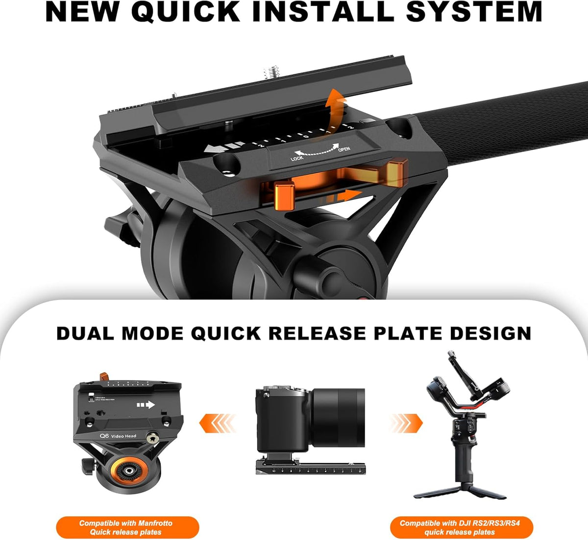 Professional Camera Monopod with Feet, 73.2 inch Aluminum Portable Travel Video Monopod with Removable Tripod Stand Base, Max Load 22 Lbs, New Q6 Fluid Head for DJI RS4 Manfrotto, KX3232Q6