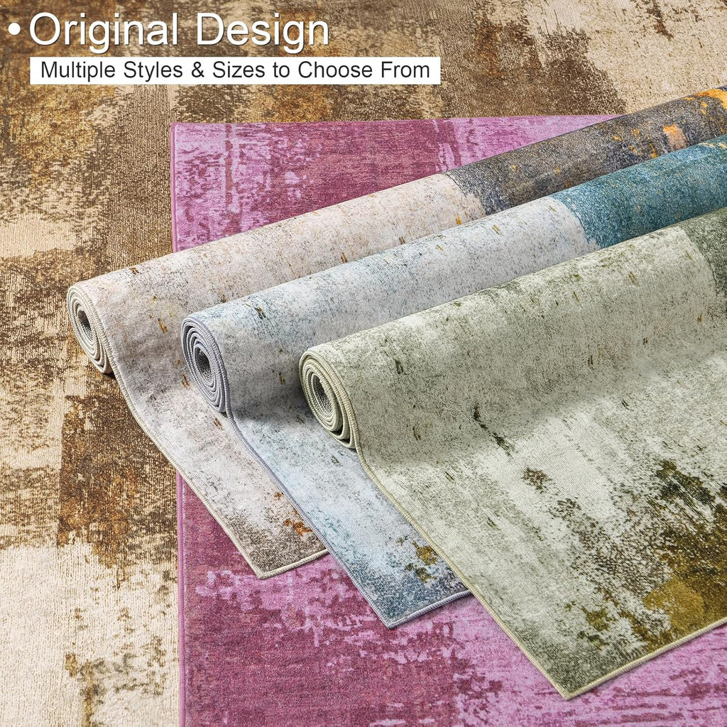 Kelarea Living Room Rug, 8x10 Rug Modern Abstract Washable Rugs Green Faux Wool Vintage Carpet, Non Slip Large Rugs for Bedroom, Dining Room, College Dorm, Home Office