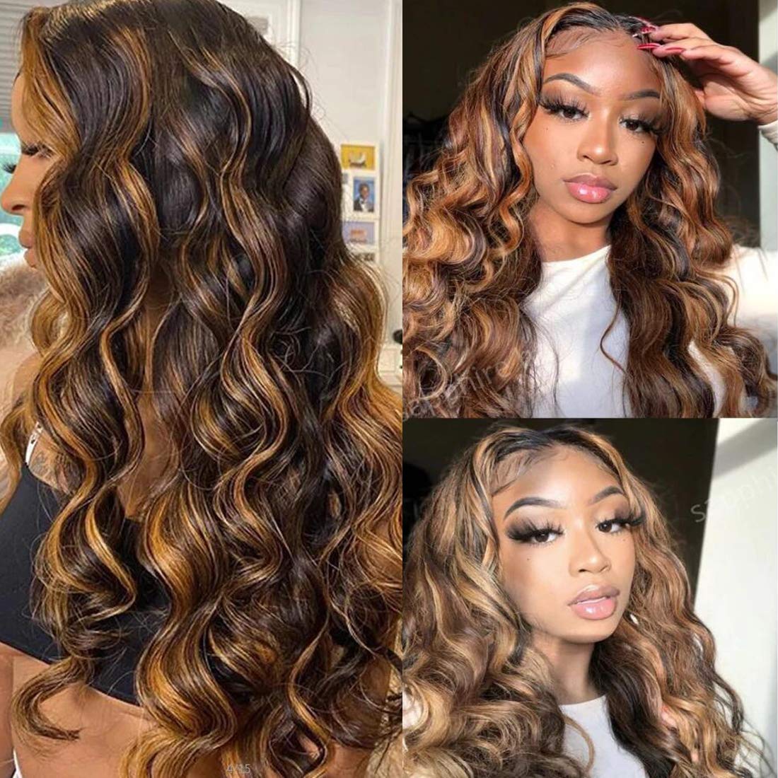 UNICE Brown Highlight Body Wave Human Hair Weave 3 Bundles 16 18 20 inch, Brazilian Remy Ombre Blonde Wavy Sew in Piano Color TFB30