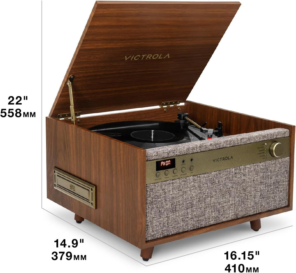 Victrola Century 6-in-1 Vinyl Record Player & Music Center – 3-Speed Turntable, CD & Cassette Player, VINYLSTREAM, Bluetooth & 3.5mm Aux, Record Player with Speakers, Mid Century Design (Walnut)