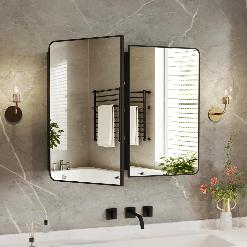 Medicine Cabinet Mirror 30x36 Inch, Double-Sided Bathroom Mirror Cabinet with Adjustable Glass Shelves, 2-Compartment Bathroom Mirror with Storage Recessed or Wall Mount