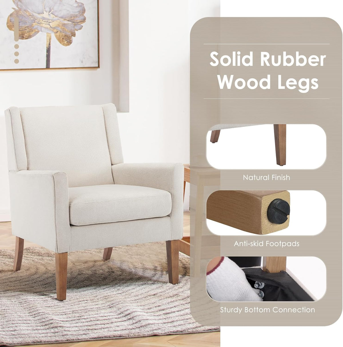 COLAMY Modern Wingback Living Room Chair Set of 2, Upholstered Fabric Accent Armchair, Single Sofa Chair with Lounge Seat and Wood Legs for Bedroom/Office/Reading Spaces, Beige