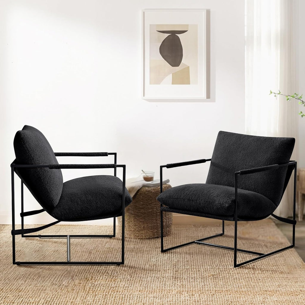 Furnilivng Large Sling Accent Chair, Comfortable Boucle Fabric Arm Chair, Upholstered Cozy Reading Chair for Living Room, Bedroom, Dressing Room, Home Office (Black, Set of 2)