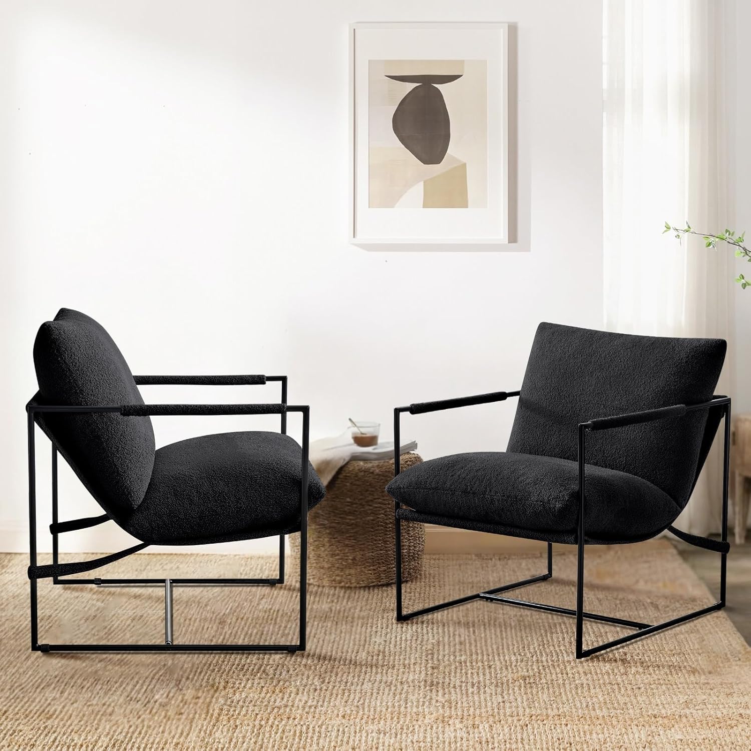 Furnilivng Large Sling Accent Chair, Comfortable Boucle Fabric Arm Chair, Upholstered Cozy Reading Chair for Living Room, Bedroom, Dressing Room, Home Office (Black, Set of 2)