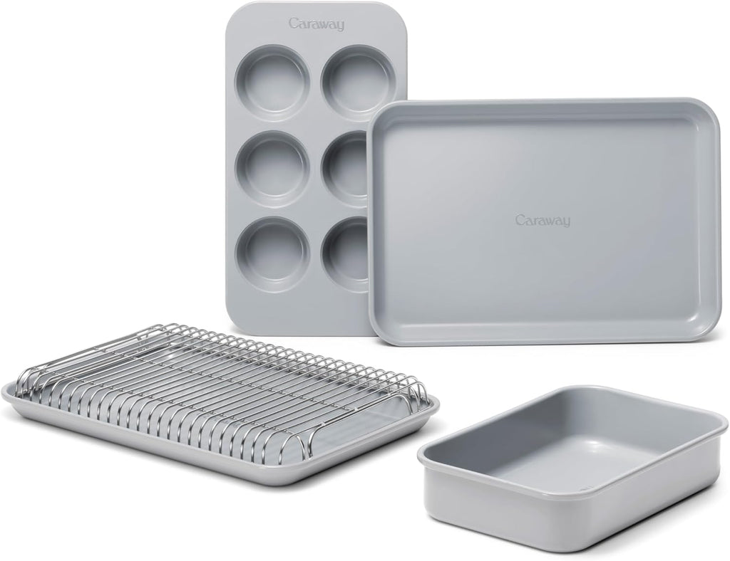 Caraway Mini Bakeware Set – Naturally Non-Stick, Non-Toxic Ceramic Coating – Compact Baking Pans Set for Small Kitchens & Ovens – Includes Baking Sheets, Muffin Pan, Cooling Rack & Storage - Gray